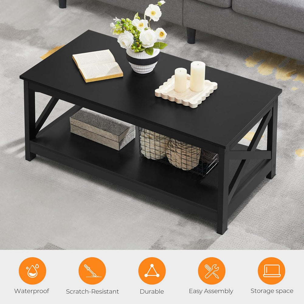 Yaheetech Black Coffee Table for Living Room, X-Design Storage Shelf, 39.5“