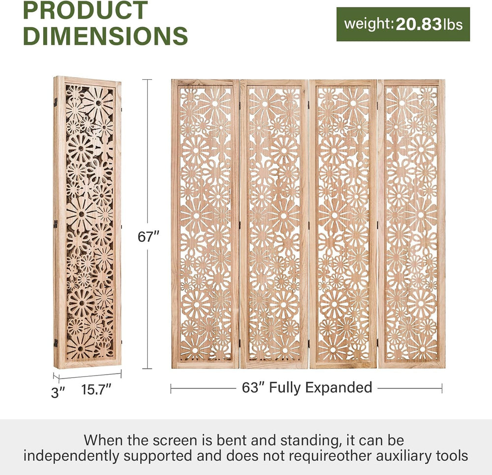 Folding Wood Room Divider Panel, 67 Inch Tall Daisy-Carved Privacy Screen - N...