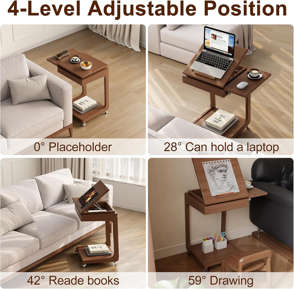Solid Wood C Shaped End Table for Couch,Walnut C Table with Wheels,Rolling Si...