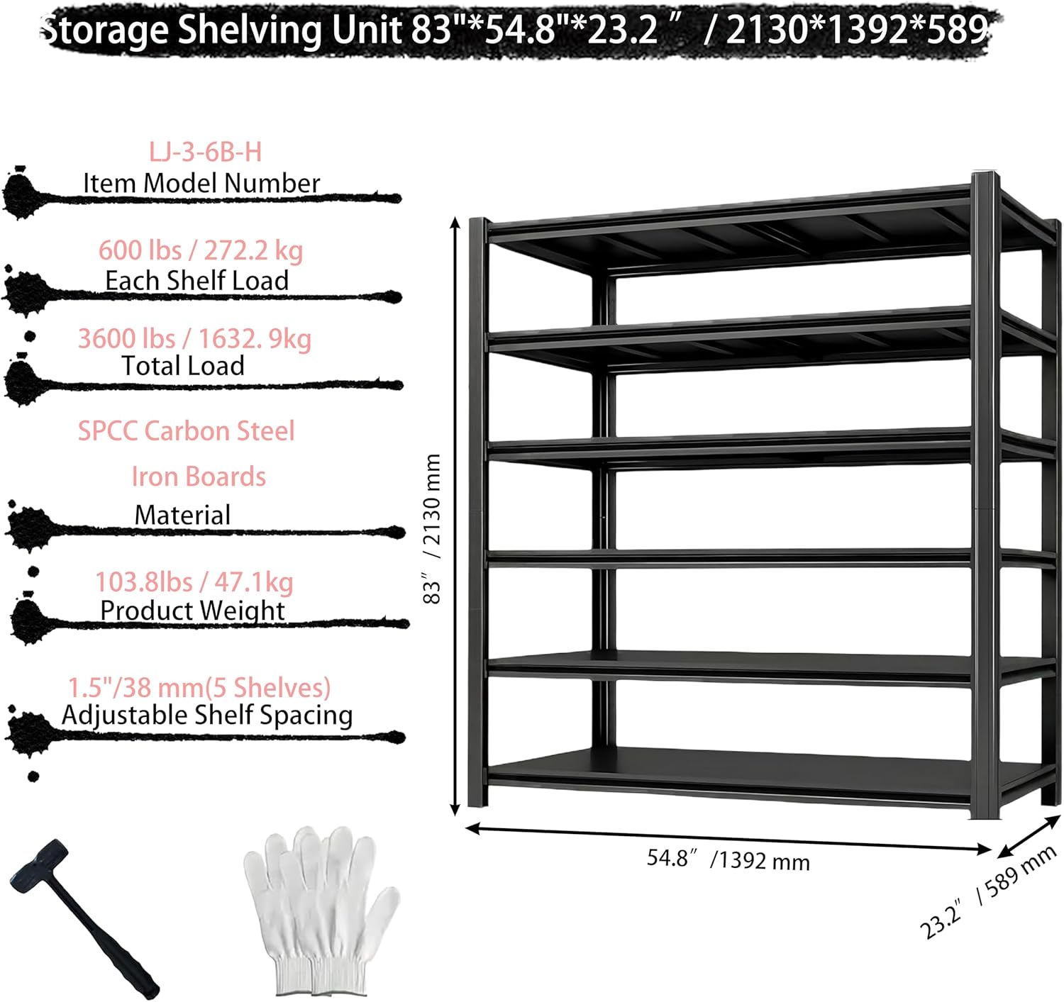 Storage Shelving Unit Adjustable Heavy Duty Garage Shelves 6-Tier Metal Organizer Utility Rack for Kitchen Pantry Basement Pantry Warehouse Laundry Black 83" H x 54.8" W x 23.2" D 3600LBS