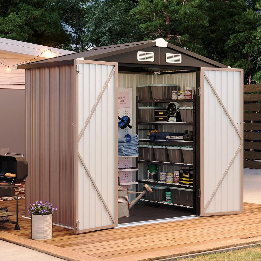 Aoxun 6x4ft Shed with Floor Heavy-Duty Galvanized Steel Outdoor Storage Shed with Double Doors, Ventilated Weatherproof Design for Bike/Generator/Tool Organization (Brown)