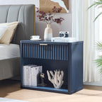 LEYAOYAO 31" Wide Fluted Nightstand with Charging Station, Oversized Extra Large 1 Drawer Night Stand with Golden Handle, Blue Wood Bedside Table Tall End Tables,for Bedroom, Living Room, Hallway
