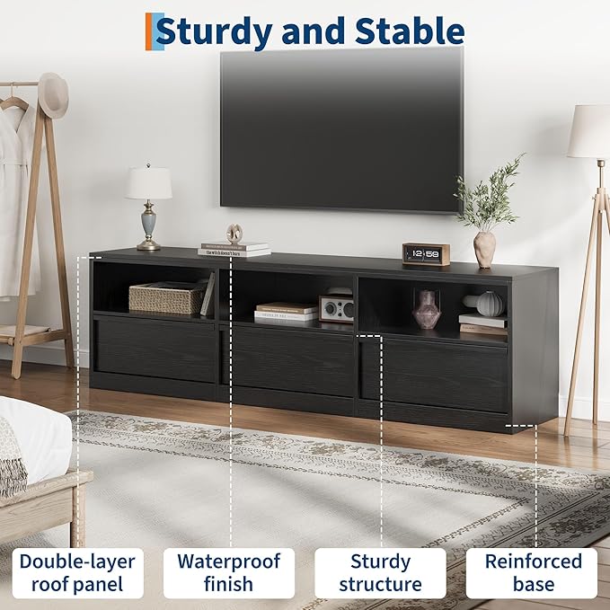IDEALHOUSE 70 inch TV Stand for 80" TVs, Mid Century Modern Entertainment Center with Storage Drawer & Open Shelves, Wood Media Console Cabinet for Living Room/Bedroom, Black