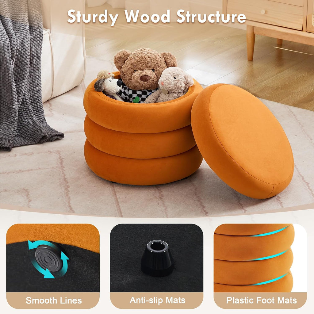 Compact Round Ottoman with Storage, Small Velvet Vanity Stool for Dorm, Modern Tufted Circle Ottoman with Removable Lid for Entryway and Lounge, Orange