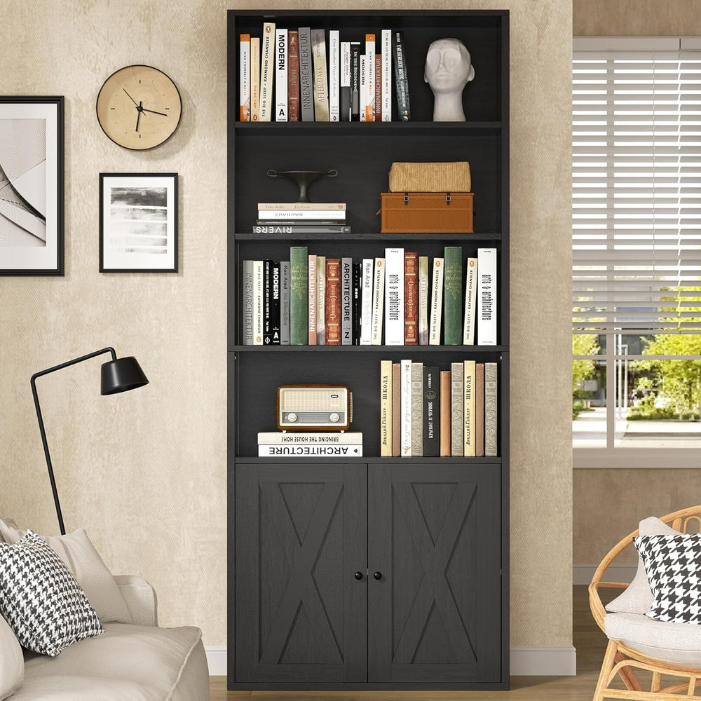 Modern Bookshelf with Doors, Industrial Bookshelves with 6-Tier Shelf, 71 inc...