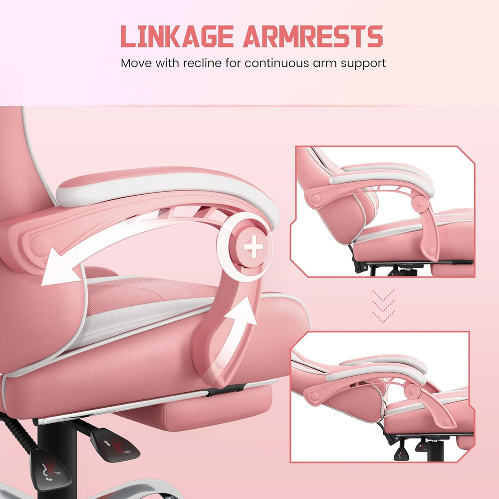 Yaheetech Gaming Chair with Footrest Massage Lumbar Pillow Pink and White | F...