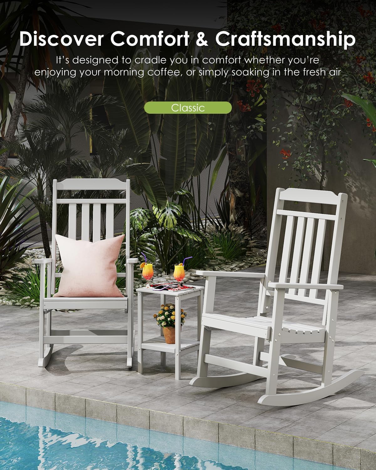 GREENVINES Classic Outdoor-Rocking-Chairs-Set-of-2, HDPE Rocker, White | 30.3" High Back | All Weather Porch Chairs Plastic | Heavy Duty | 20.5" Wide Seat | Big & Tall | for Patio Balcony Deck