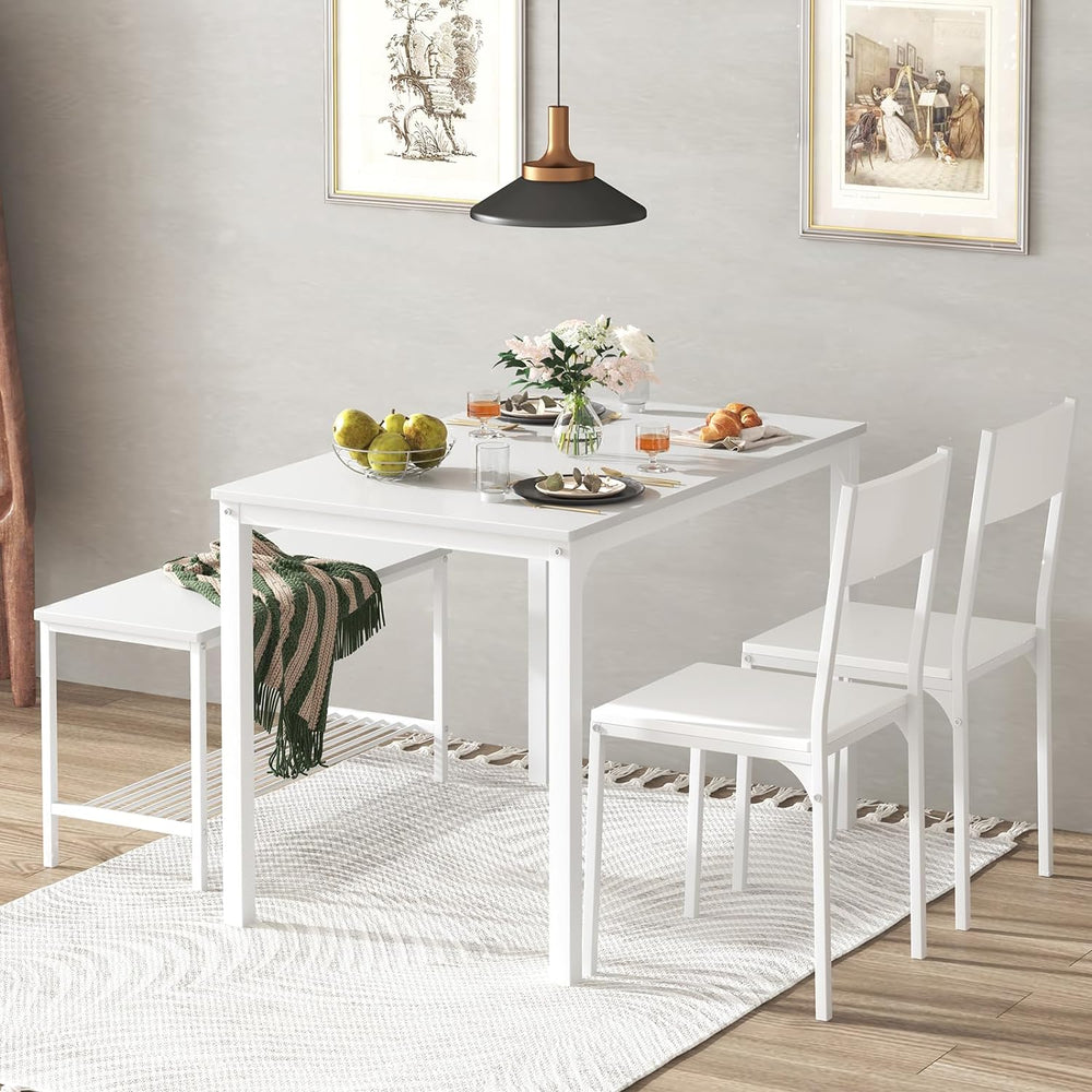 soges 4-Piece Dining Table Set with Bench - 4 Person Kitchen Table and 2 Chai...