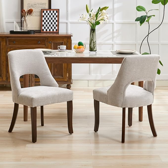 UVV Wooden Dining Chairs Set of 2, Mid Century Modern Upholstered Dining Room Chair Kitchen Chairs, Chenille Dinner Chair with Solid Wood Legs for Kitchen Dining Room, Light Grey