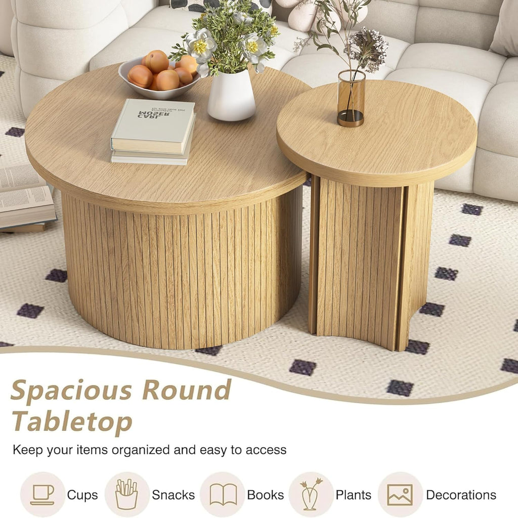Mxtxmy Set of 2 Nesting Coffee Tables Farmhouse,Round Coffee Table Living Room,Wood Finish Coffee Table Set, Small Coffee Tables, Sofa Side Living Room Bedroom Coffee Side Table (Large Size - Set)