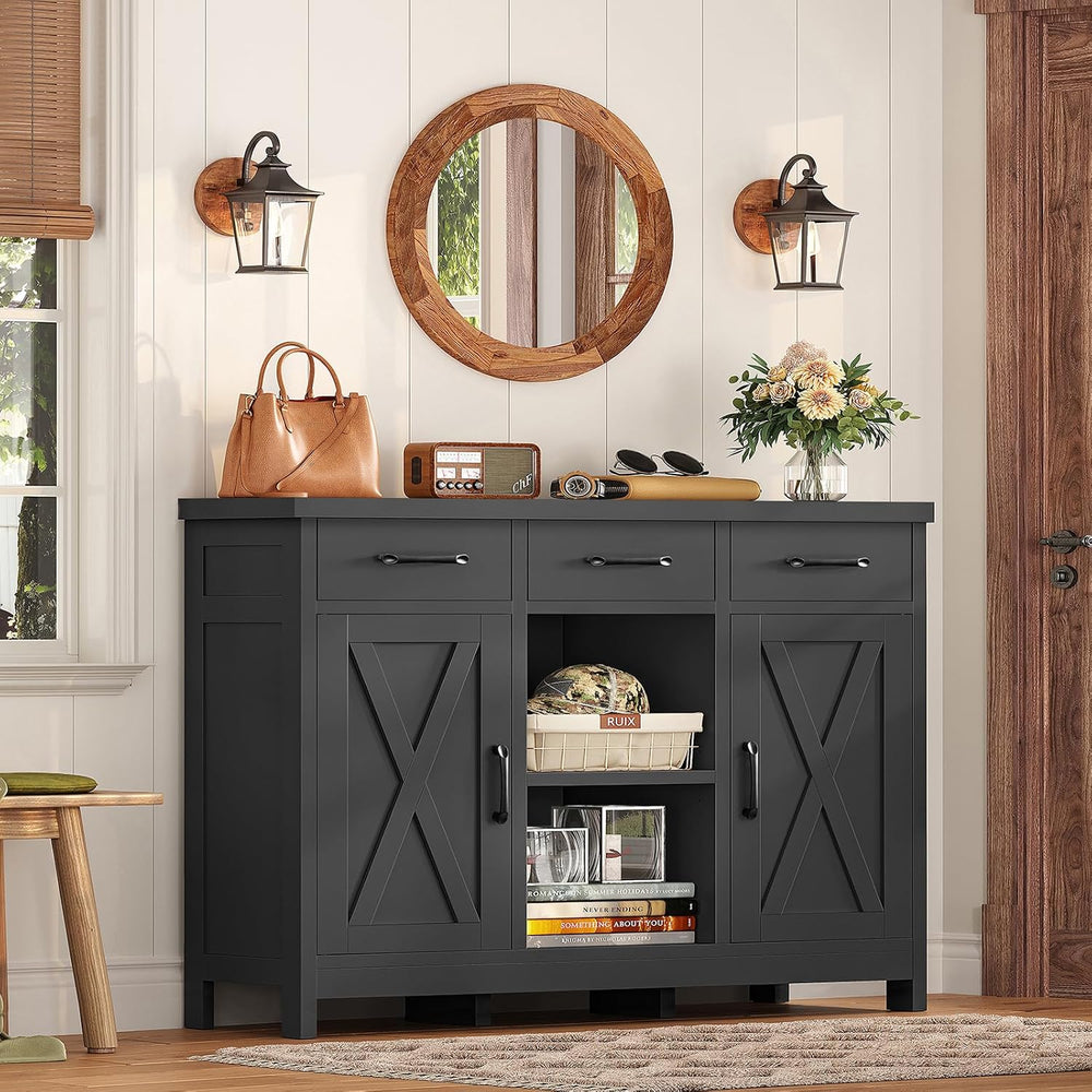 TEENFON Coffee Bar Cabinet with 3 Drawers, Farmhouse Buffet Cabinet