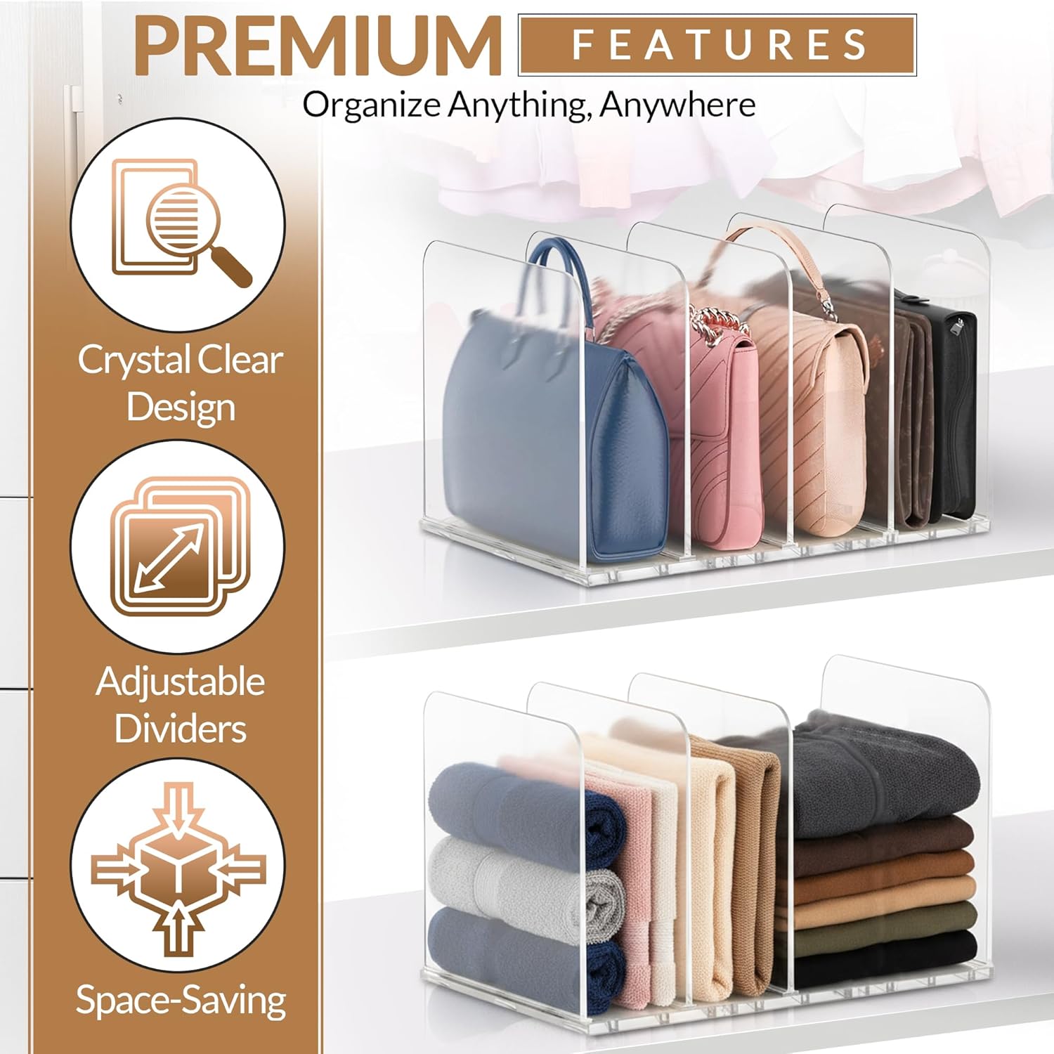 Adjustable Bag & Purse Organizer for Closet | Clear Shelf Dividers for Closet Organization, Vertical Handbag Separator for Sweater, Shirts & Clutches, Perfect for Bedroom, Living Room, Home