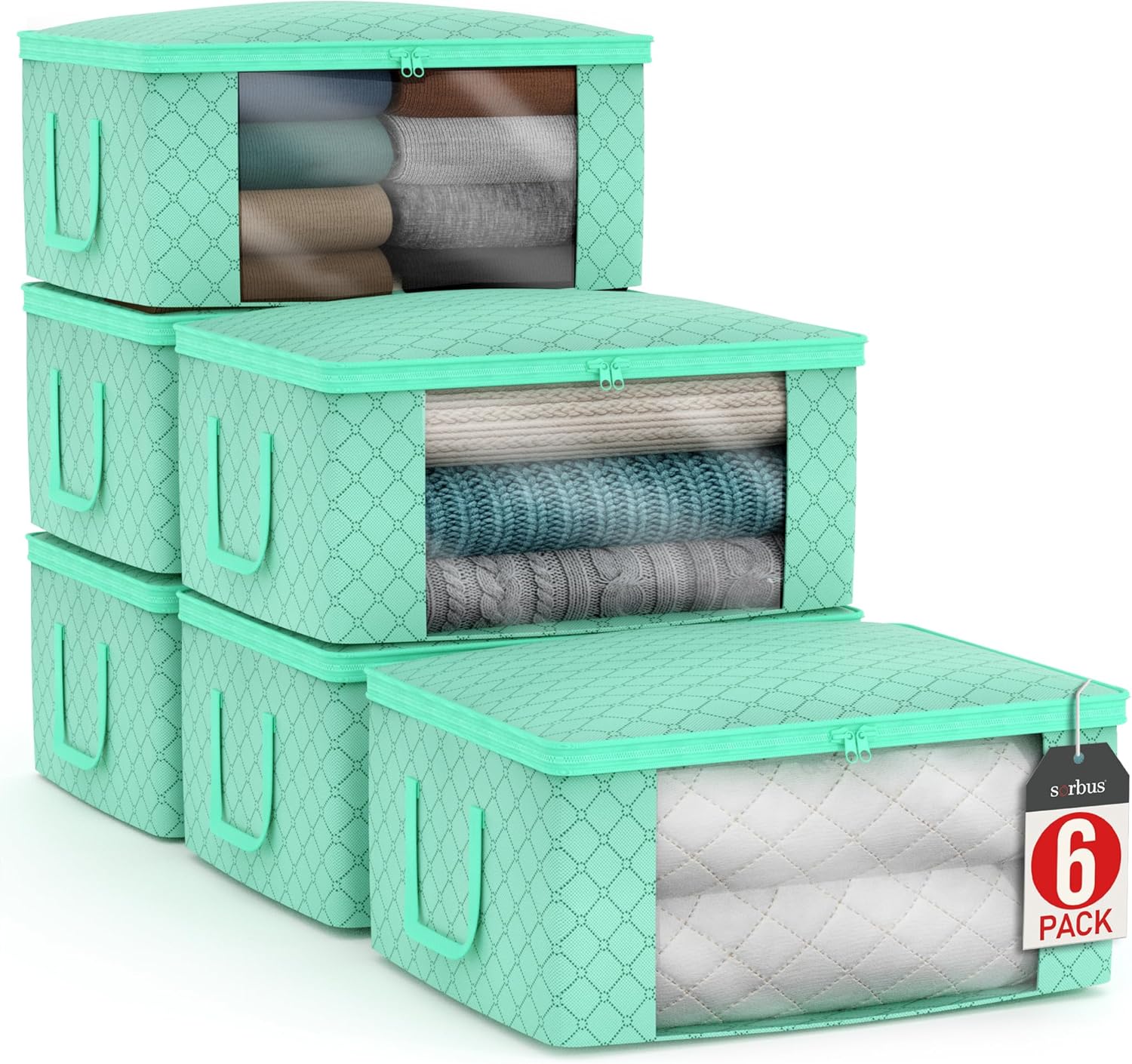 Sorbus Medium Clothes Storage Bags - Foldable Blanket Storage Bins for Organizing Bedroom, Closet, Clothing, Comforter, Organization with Clear Window, Lids and Carry Handles - Set of 6