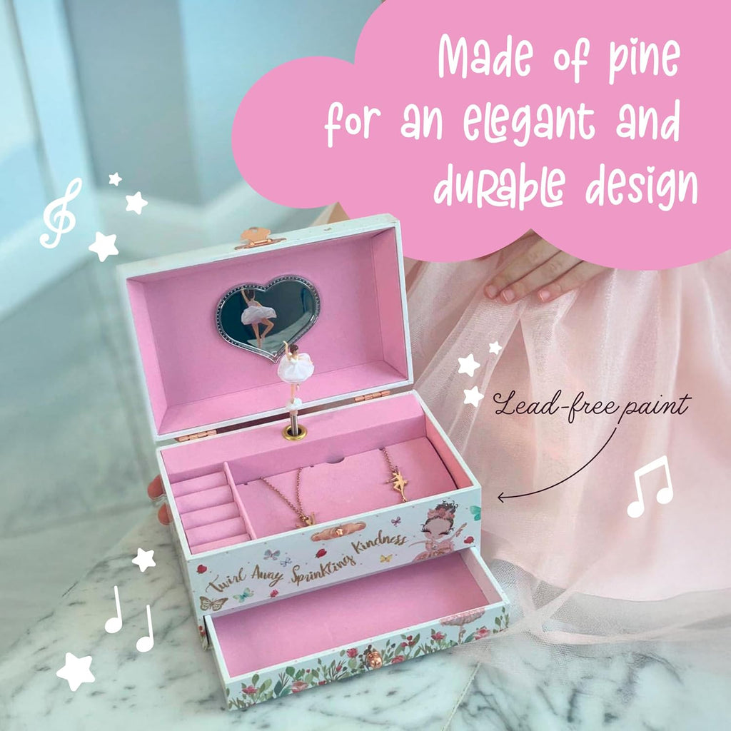 The Memory Building Co Ballerina Musical Jewelry Box Plays Classic Melody, Storage Organizer Music Box for Kids Ages 6-12, MDF Wood w/ 2 Fabric Lined Ring Bracelet Necklace Treasure Compartments