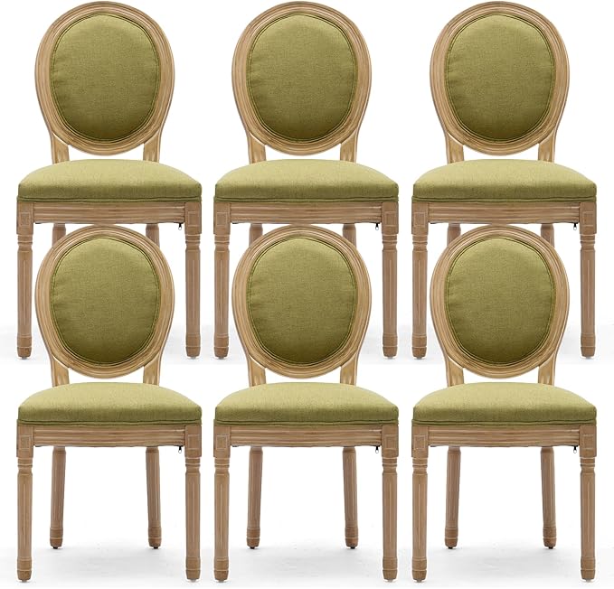 Linen Upholstered Dining Chairs Set of 6 French Country Oval Fabric Back Kitchen Side Chair with Wood Legs for Dining Room, Kitchen, Restaurant(Olive Green-Fabric)