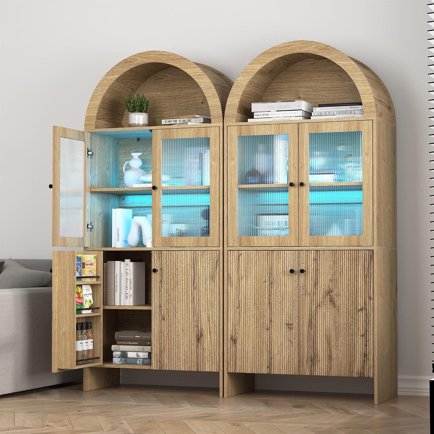 LED Tall Arched Top Food Cabinet, Fluted Kitchen Pantry with Adjustable RGB Lighting, 69" Tall Freestanding Wood Kitchen Storage with Adjustable Shelves, Modern Nordic Style Storage Organizer (Wood)