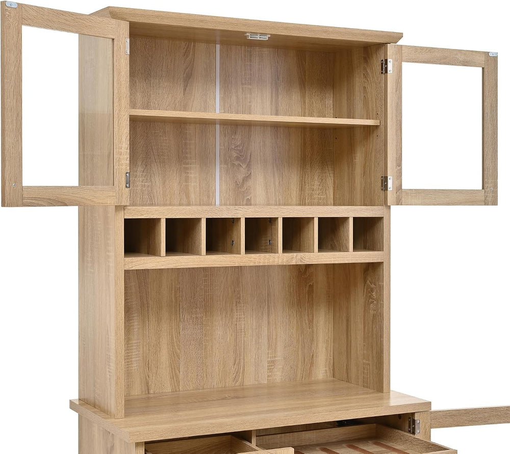 Farmhouse Freestanding Buffet with Hutch, Tall Kitchen Pantry with Wine Rack ...