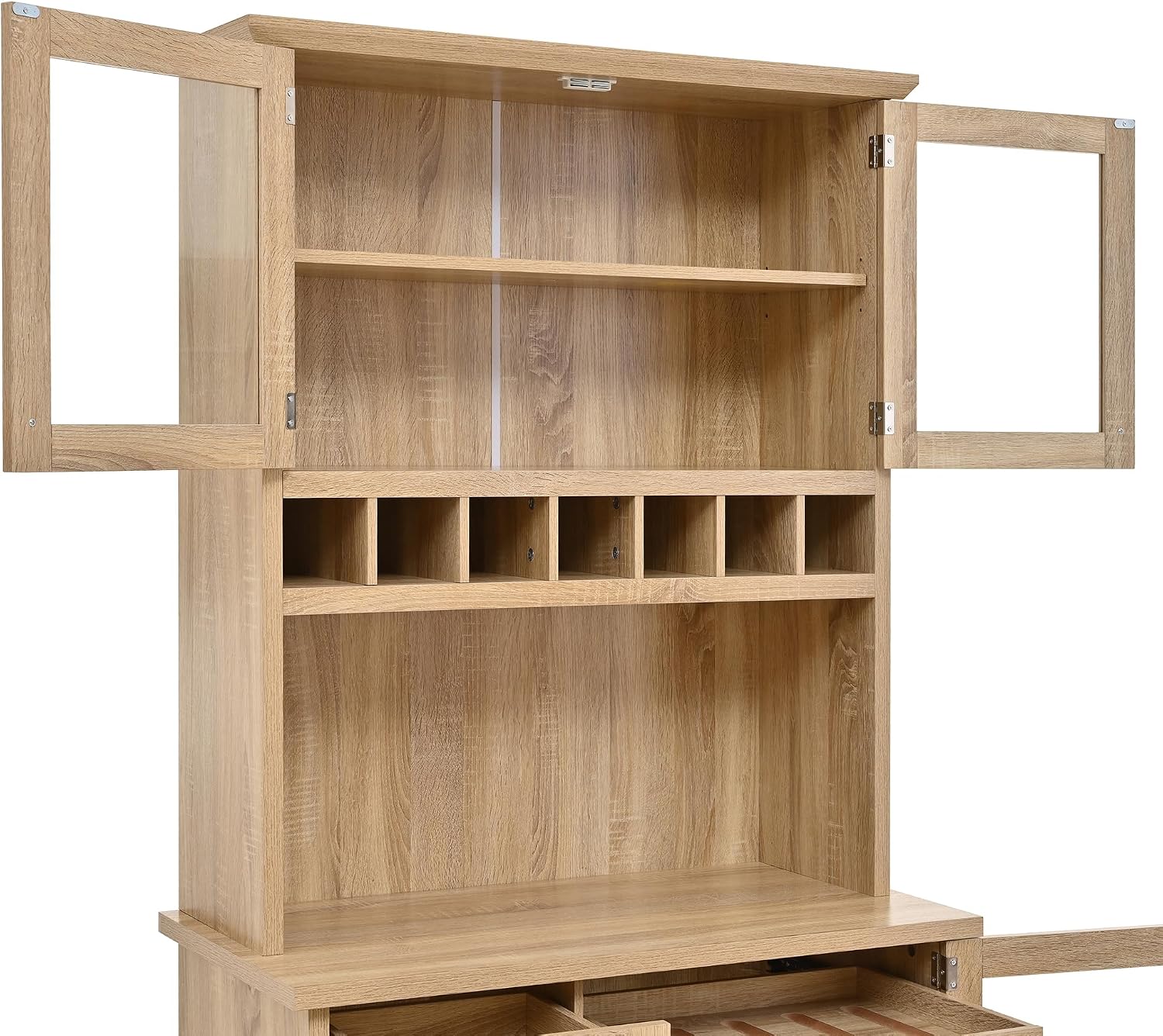 Farmhouse Freestanding Buffet with Hutch, Tall Kitchen Pantry with Wine Rack and Adjustable Shelves,for Dining Room (Natural-W)