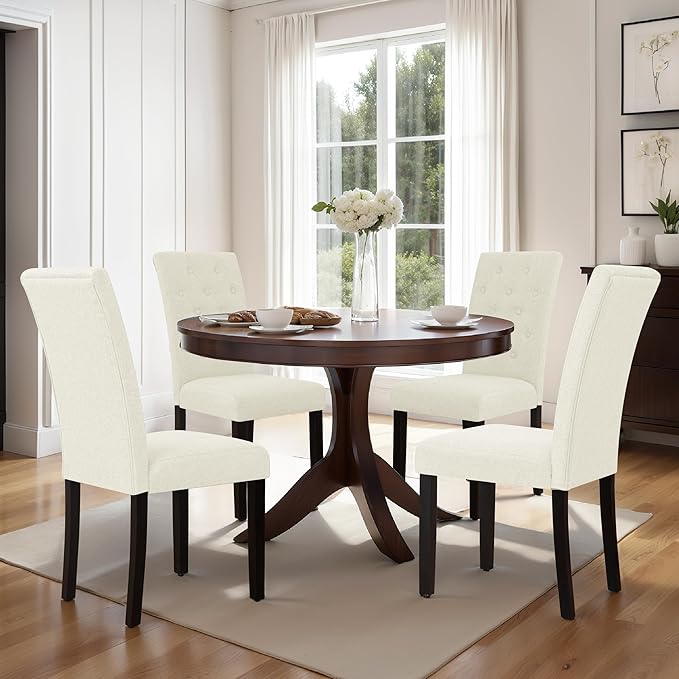 CHUN YI Dining Chairs Set of 4, Button Tufted Upholstered Fabric Dining Room Chairs with Solid Wood Legs, Modern Parsons Chair Side Chair for Kitchen/Restaurant/Hotel, Ivory White