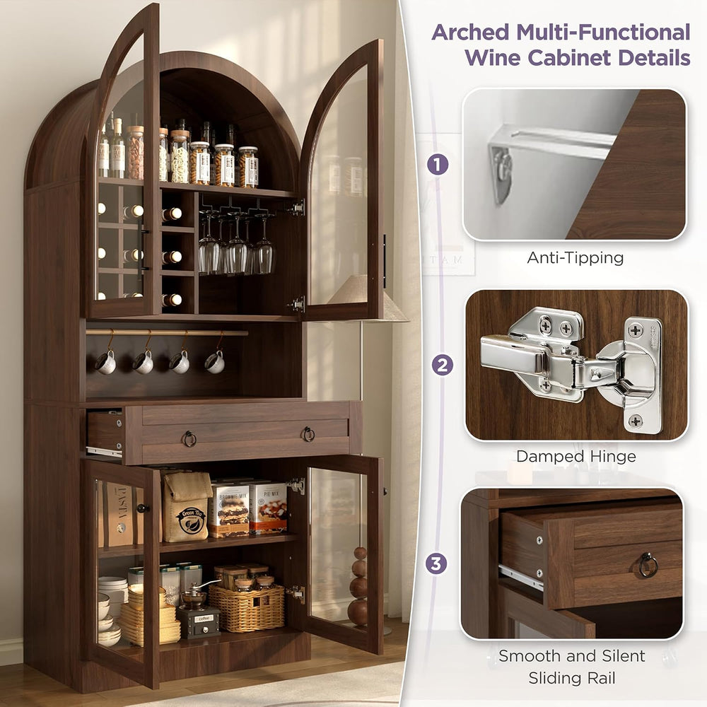 Merax 70" Tall Arched Farmhouse Pantry Cabinet with Glass Doors, Walnut ...