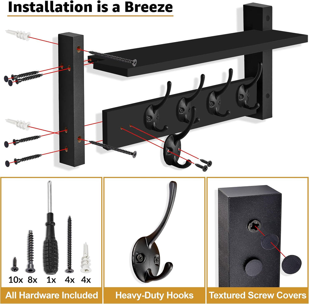 Sorbus Coat Rack Wall Mount with Shelf (Black, 16 Inch)