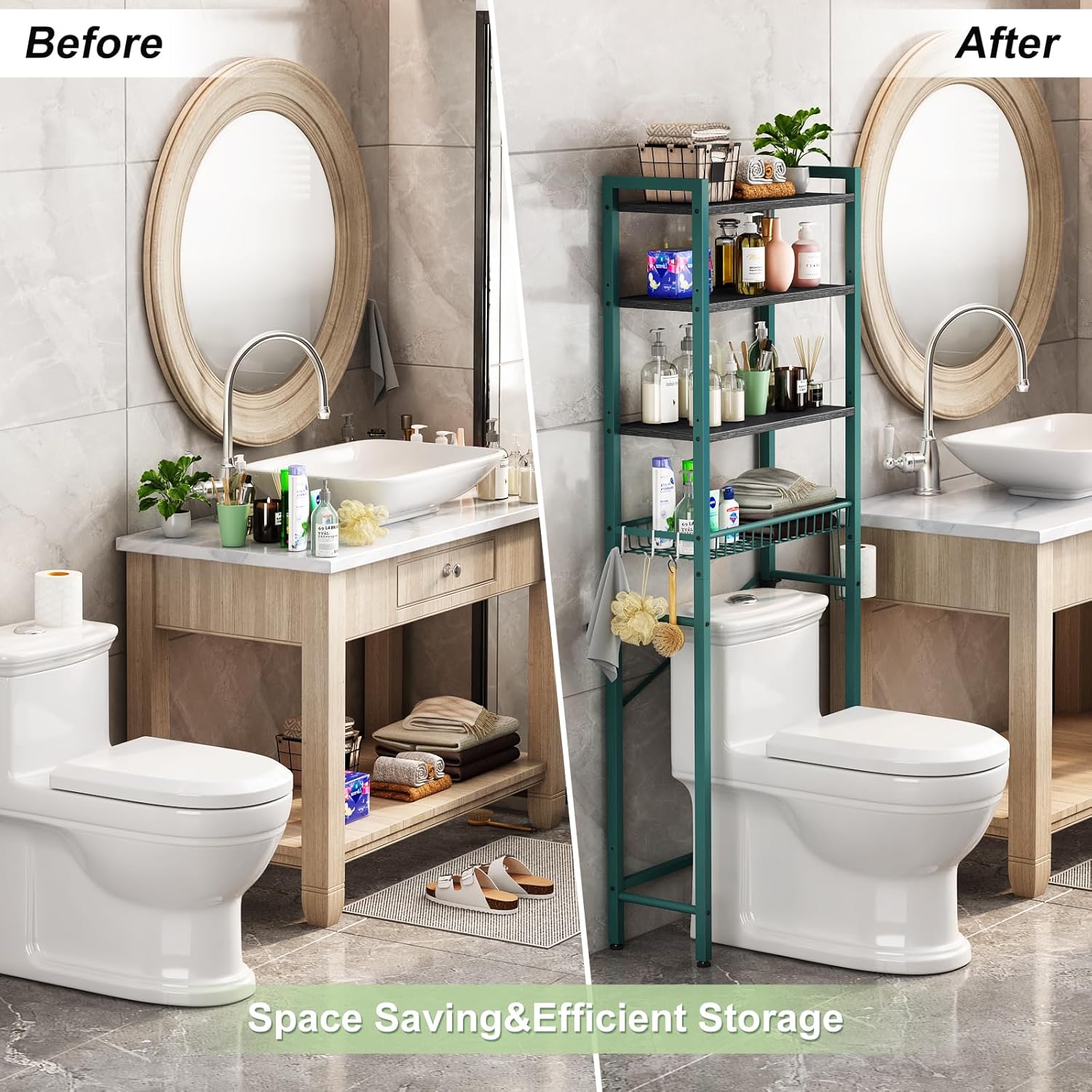 Over-The-Toilet Storage Rack, 4-Tier Bathroom Organizer Shelf Over Toilet with Adjustable Shelf and Basket, Freestanding Space Saver Bathroom Shelves Above Toilet for Room (Green- Black)