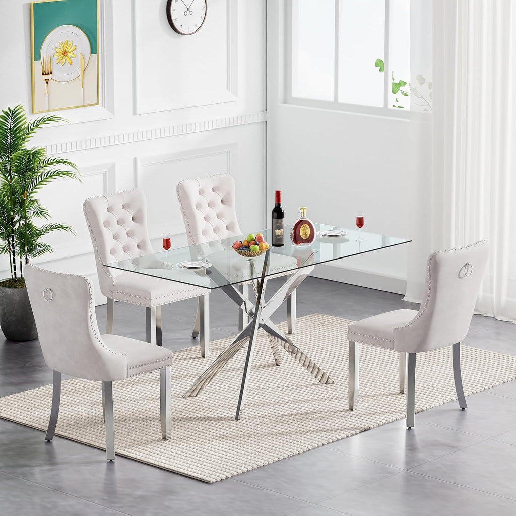 Glass Dining Table Set for 4, Modern Kitchen Table and Chairs Set of 4, 5-Piece Kitchen Dining Room Table Set w/61 Glass Silver Dining Table and 4 Beige Velvet Upholstered Chairs