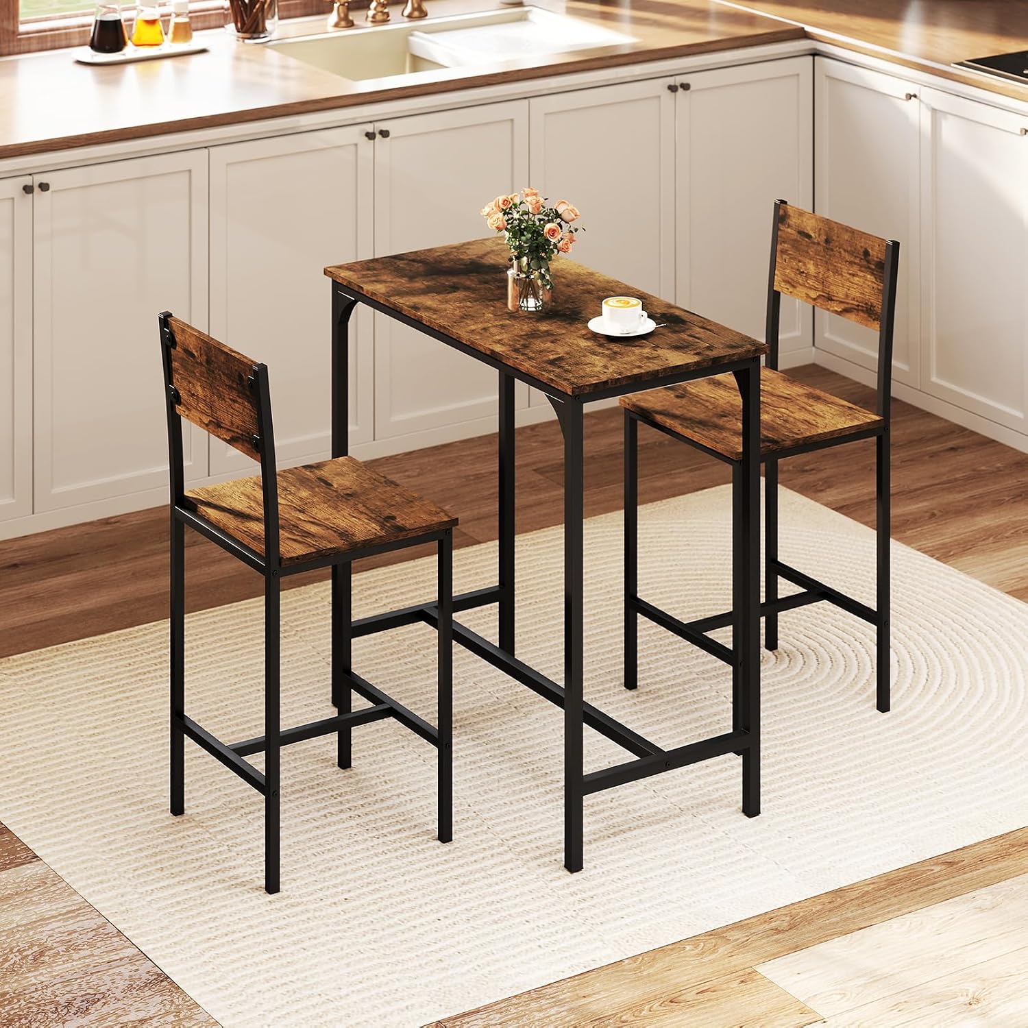 Tangkula 3 Piece Counter Height Bar Table Set, Pub Table and Chairs Set of 2, High Top Console Table with Stools for 2, Space-Saving Dinette Set for Breakfast Nook (Rustic Brown)