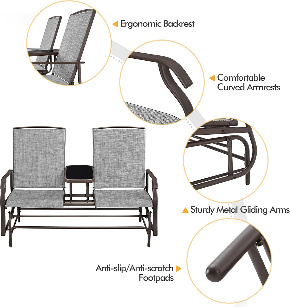 Yaheetech Outdoor Glider Bench Patio Loveseat with Table, Gray | Steel frame,...