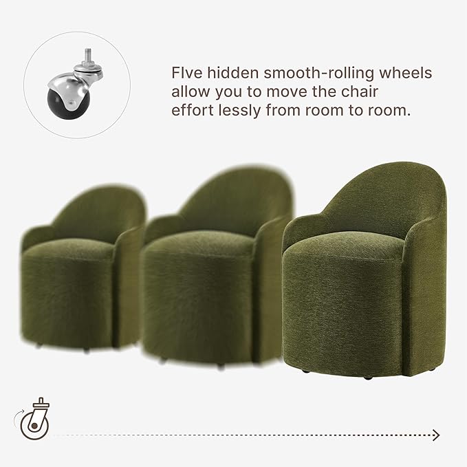 Upholstered Dining Chairs with Casters, No Assembly Modern Dining Room Chairs Accent Vanity Chair with 5 Wheels & Round Backrest for Bedroom, Living Room, Dressing, Green Fabric, Set of 1