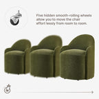 Upholstered Dining Chairs with Casters, No Assembly Modern Dining Room Chairs Accent Vanity Chair with 5 Wheels & Round Backrest for Bedroom, Living Room, Dressing, Green Fabric, Set of 4