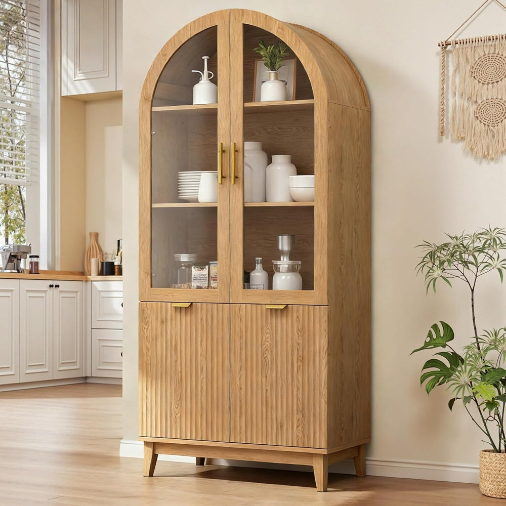 Pamapic 71" Tall Arched Cabinet, Fluted Kitchen Pantry with Glass Doors ...