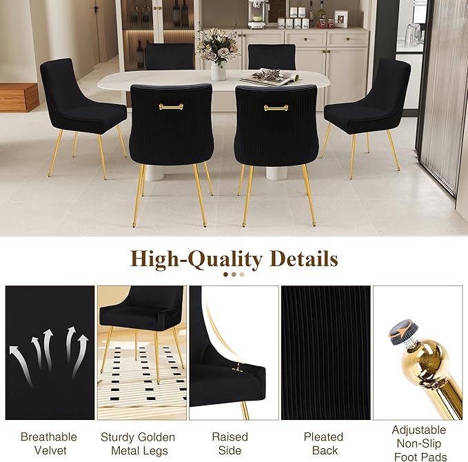 Velvet Dining Chairs Set of 2, Modern Upholstered Kitchen Chair with Pull Handle & Pleated Back, Mid Century Accent Chair with Gold Metal Legs for Vanity,Dining,Kitchen,Living Room, Black