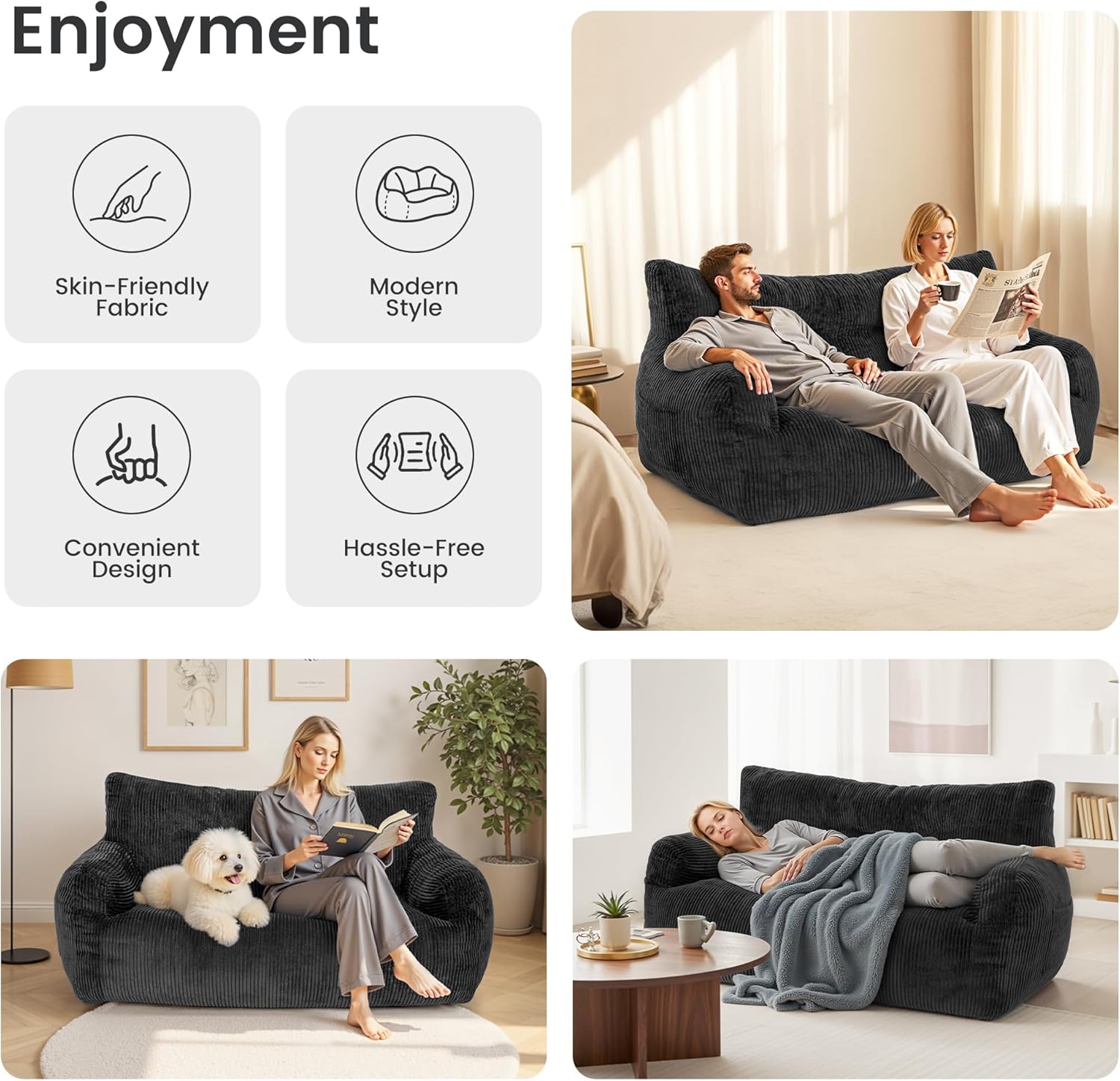 59" Bean Bag Chair,2 Seat Loveseat Sofa,Corduroy Lazy Sofa Bed for Adults,Fit Living Room, Bedroom,Outdoor Spaces,Ultra Soft Dutch Velvet,Fluffy Comfort Washable Cover,72h Rebound,Black