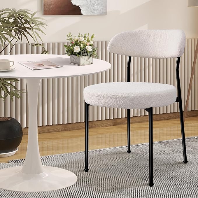 3-Pieces 24" Small Round Dining Table and Dininig Chair Set for 2,MDF Table Top and Heavy Metal Base Leg for Dining Room Apartment Small Space,Boucle Fabric, White