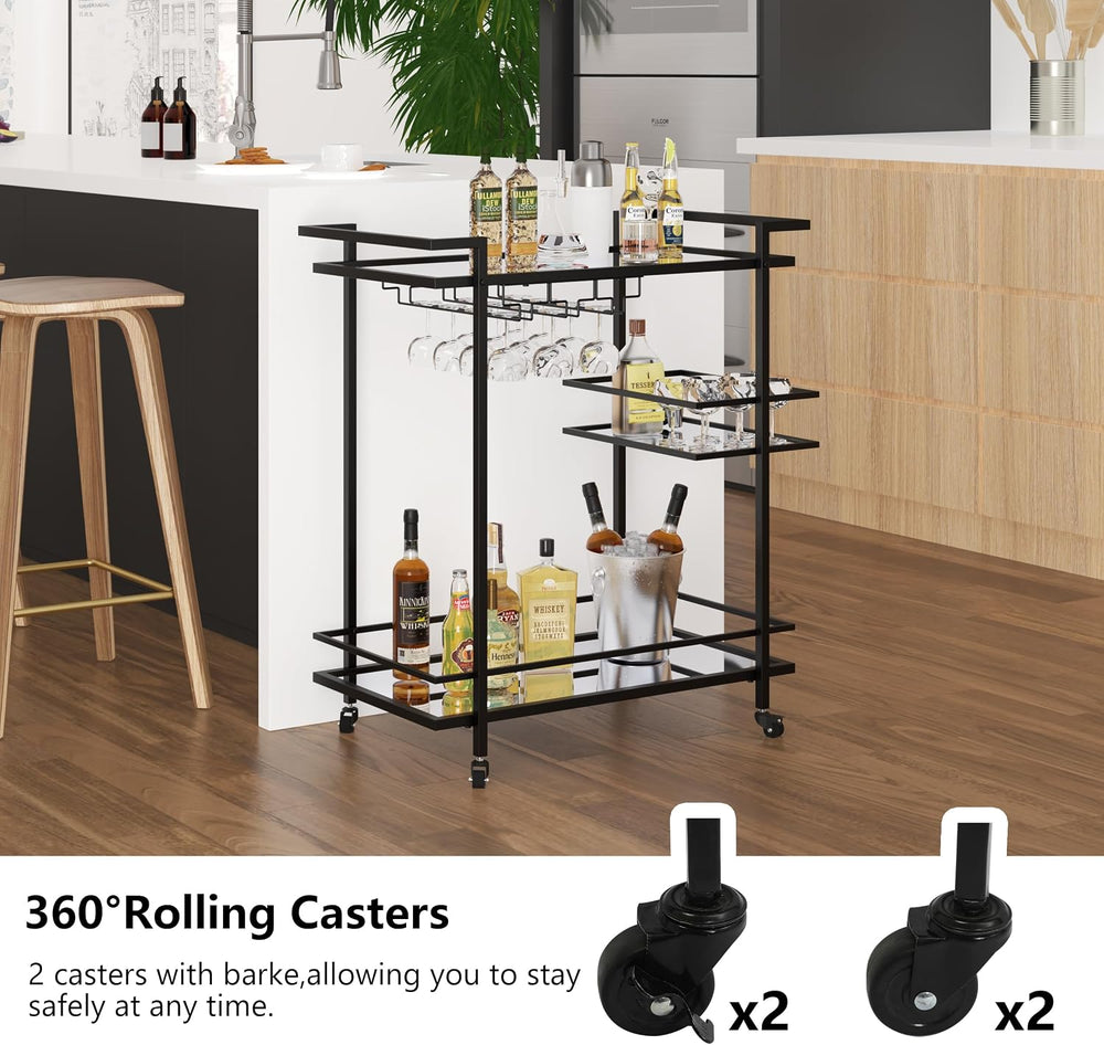 RiteSune Black Bar Carts for The Home, Wine Cart with Wheels | 3 Tier Home Se...