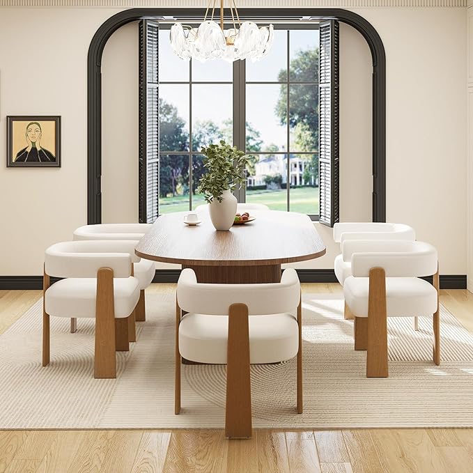 Set of 6 Modern Boho Barrel Dining Chairs with Wood Legs, White Upholstered Accent Armchairs with Thick Padded Cushion for Kitchen, Minimalist Natural Chic Chairs for Living Room