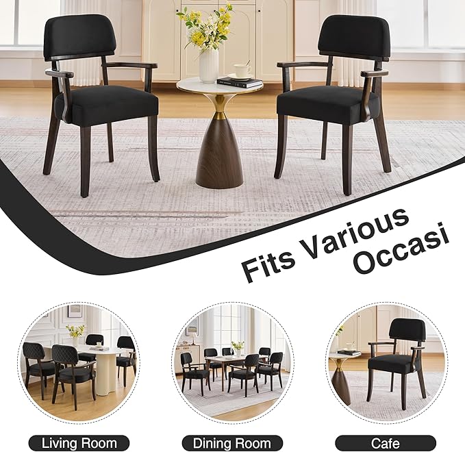 Velvet Dining Chairs with Arms Set of 2, Upholstered Dining Room Chairs with Hardwood Legs & Open Curved Backrest,Modern Accent Kitchen Chairs 350 LBS Capacity, Black