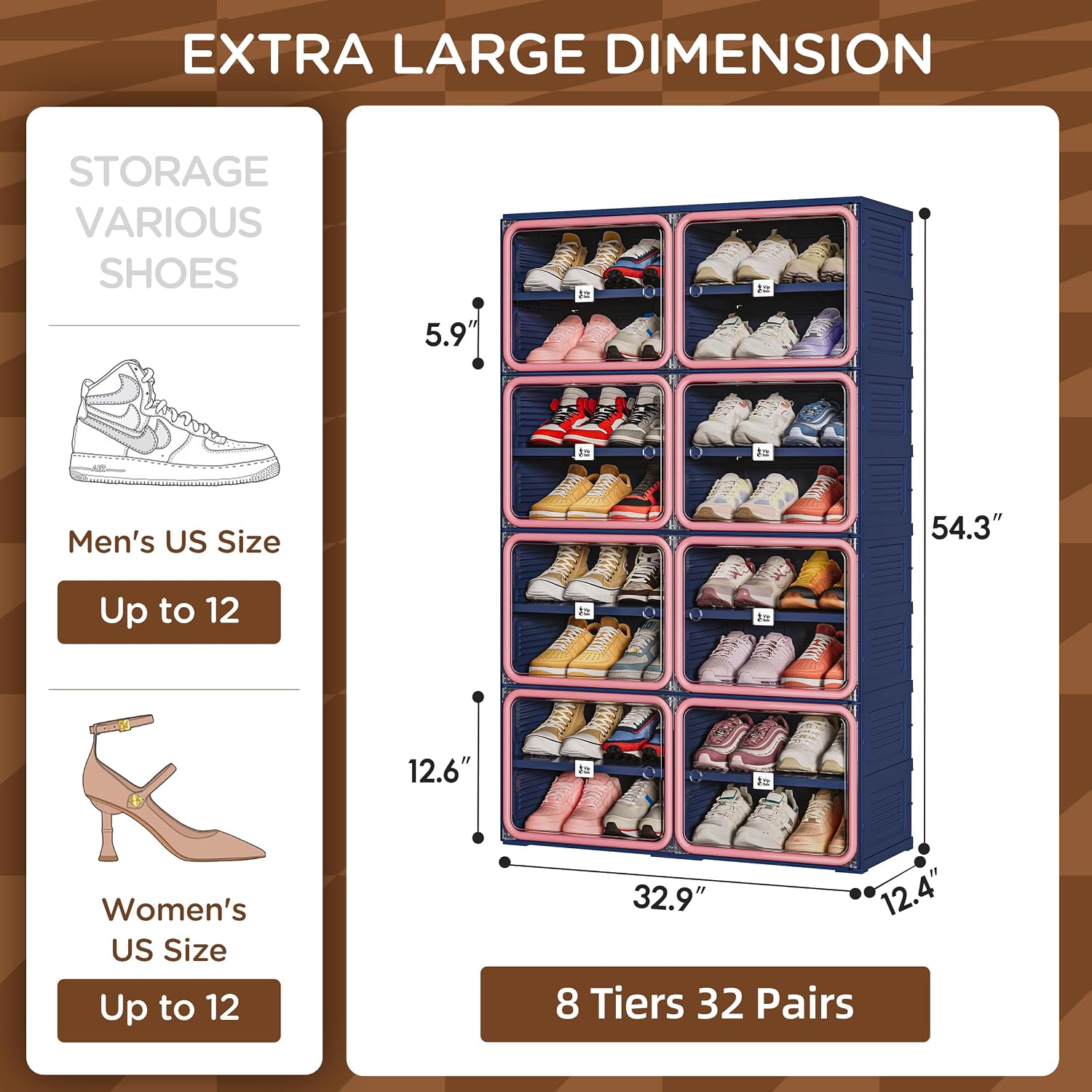 No-Assembly Shoe Organizer, Foldable Shoe Storage Cabinet with Reinforced Framed Doors, 8-Tier Integrated Shoe Box, Modern Blue & Pink Space-Saving Shoe Rack for Closet & Entryway, Size 12