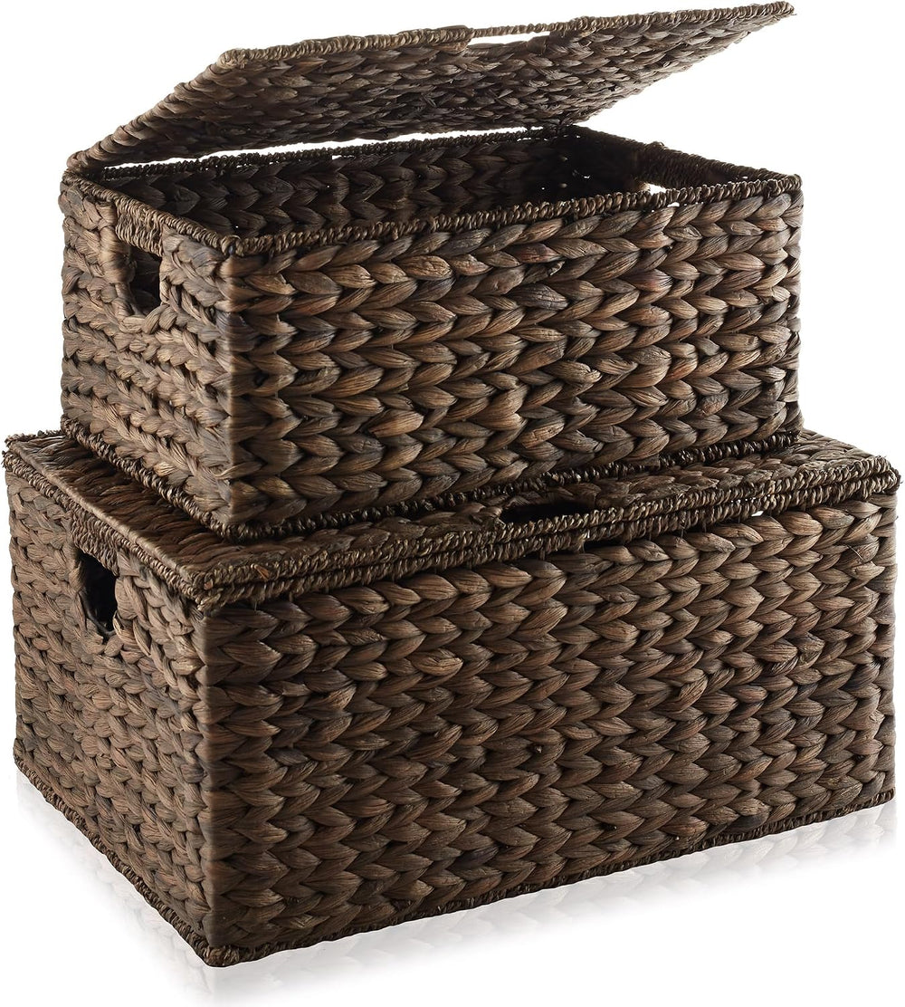 Casafield Set of 2 Water Hyacinth Rectangular Storage Baskets with Lids (Espr...