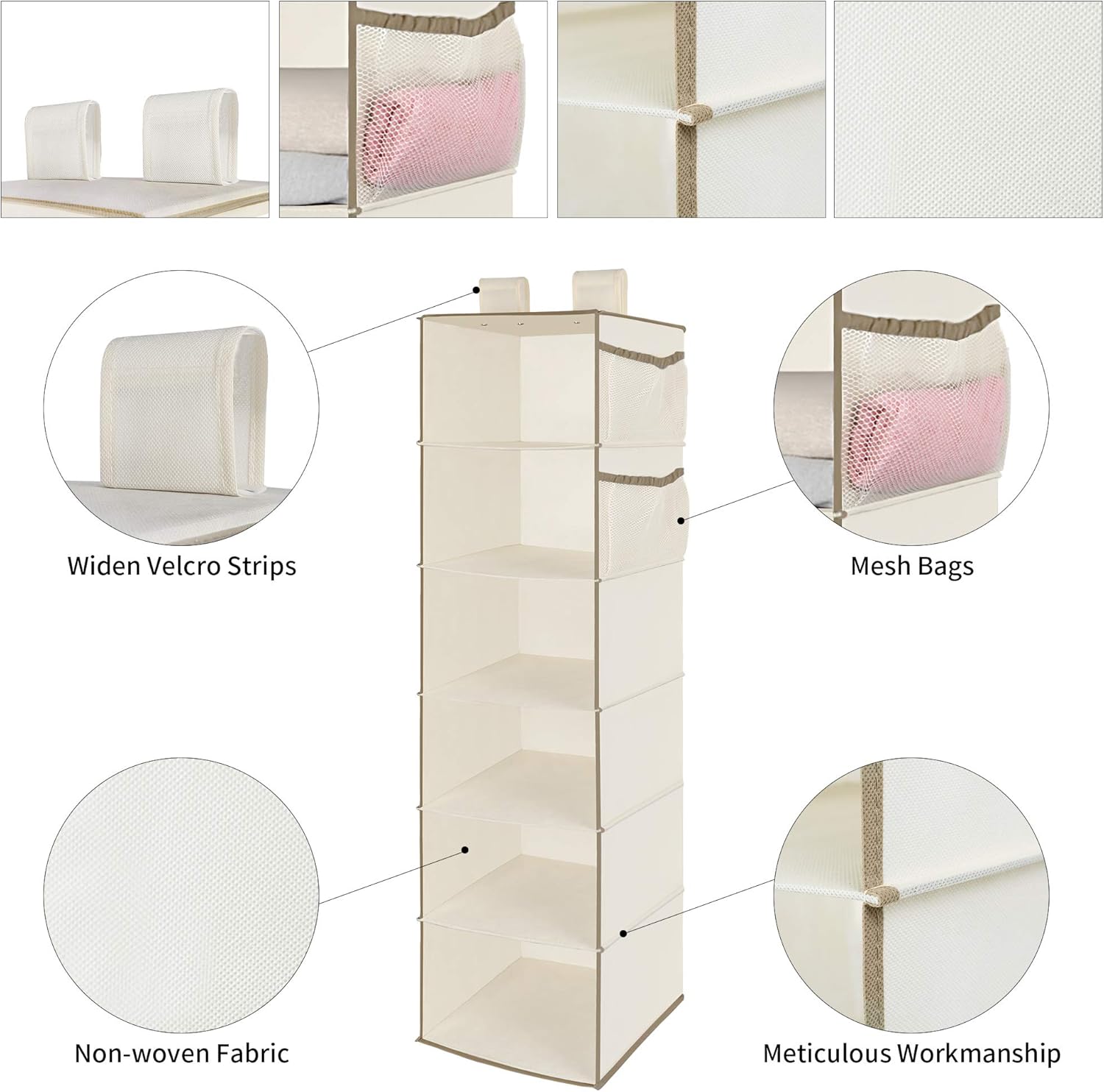 MAX Houser 6 Tier Shelf Hanging Closet Organizer, Closet Hanging Shelf with 2 Widen Straps for Storage, Foldable (Beige2)