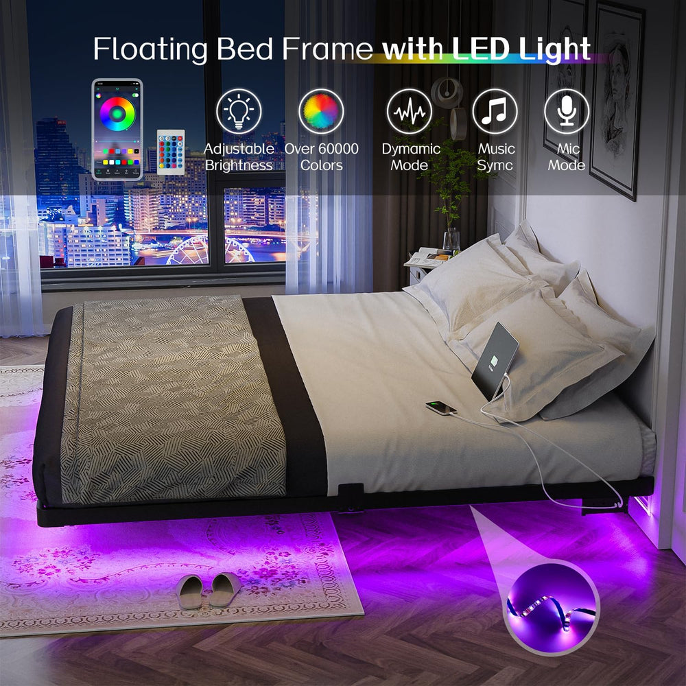 OLEVS King Size Floating Bed Frame Metal with LED Light & Charging Station