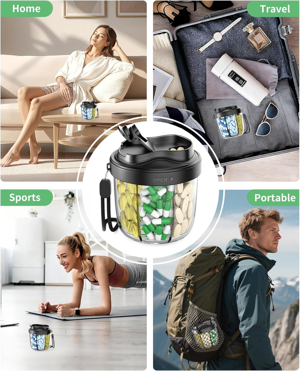 Pill Organizer,Pill Dispenser with 7 Large Compartments,Portable Pill Box for Travel Essentials,Anti-Mix Design & Wide Opening Design,Easy Access to Vitamin Dispenser,Includes 20 Blank Stickers（Black）