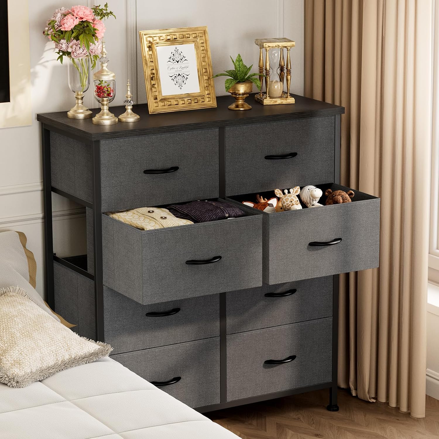 Dresser for Bedroom with 8 Drawers, Anti-Tip Tall Fabric Chests Storage Organizer Tower Furniture with Wooden Top Metal Frame for Clothes, Closet, Living Room, Hallway, Entryway