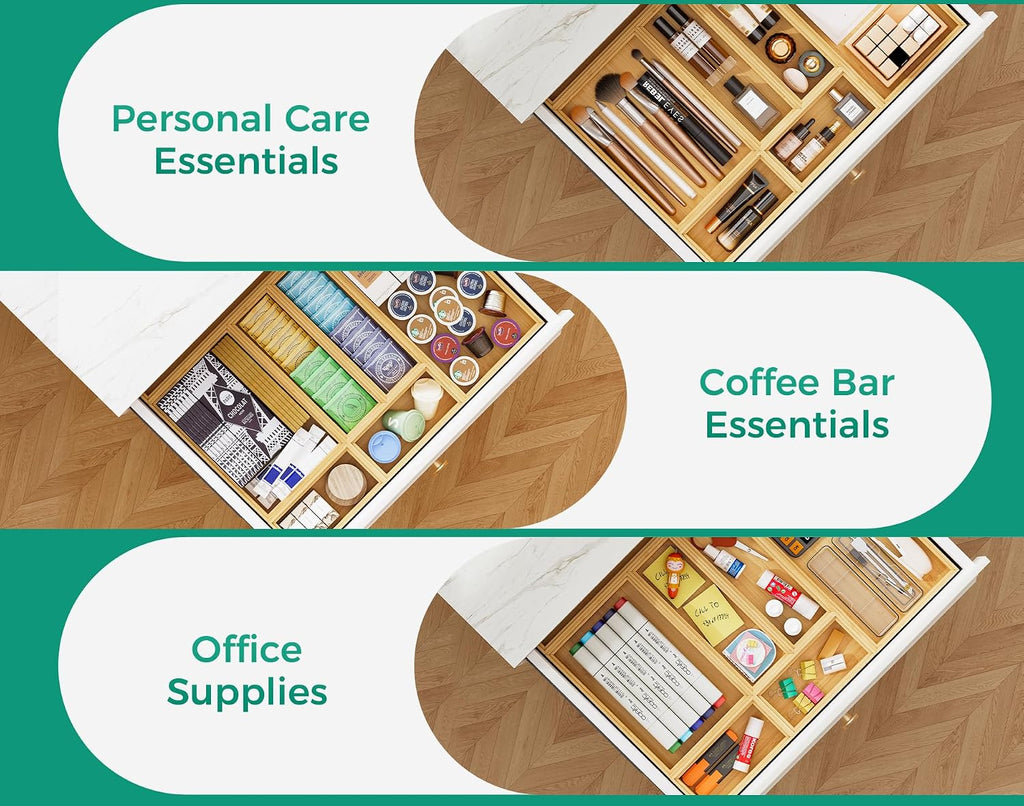 Long Bamboo Kitchen Drawer Organizer Boxes 17" x 6" Wood Pantry Organizers | Set of 2 Stackable Wooden Silverware Utensil Tray for Drawers Bins Cutlery & Flatware Storage for Junk Drawer Bathroom Rv