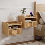Fluted Floating Nightstands Set of 2 with Drawer, Modern Small Wall Mounted Storage Night Stand with Charging Station, Wood Bedside Table USB C & USB A Ports, Natural Oak