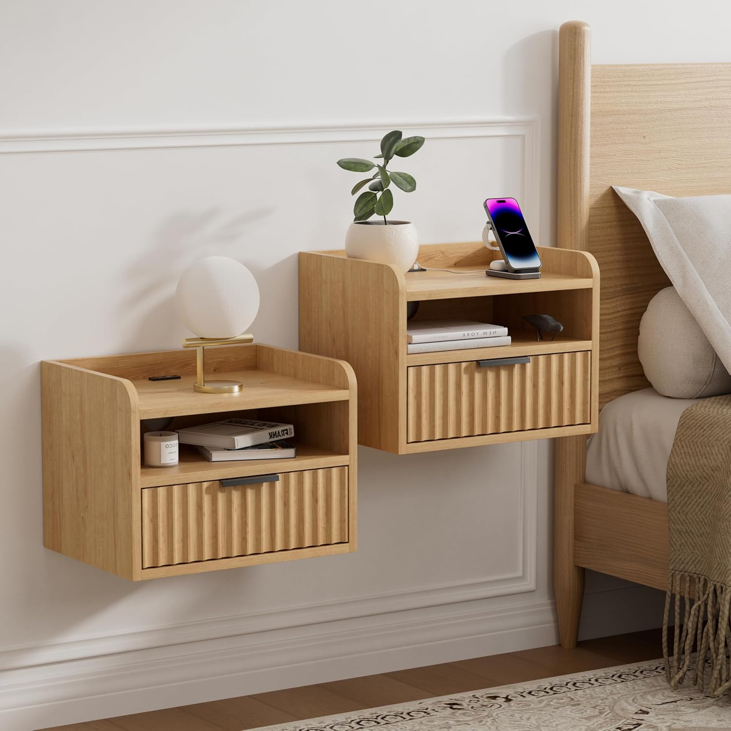 Fluted Floating Nightstands Set of 2 with Drawer, Modern Small Wall Mounted Storage Night Stand with Charging Station, Wood Bedside Table USB C & USB A Ports, Natural Oak