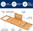 SereneLife Bathtub Tray - Expandable Bath Tray for Tub, Foldable Adjustable Bamboo Caddy with Non-Slip Handles, Device Holder and Wine Glass Slot for Bathing Luxury (Folding, Hard Back, Gift Set)