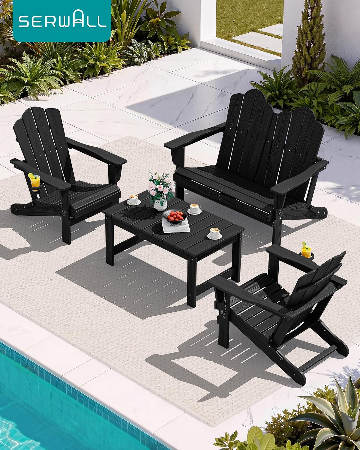 SERWALL HDPE Outdoor Coffee Table with Umbrella Hole, Black