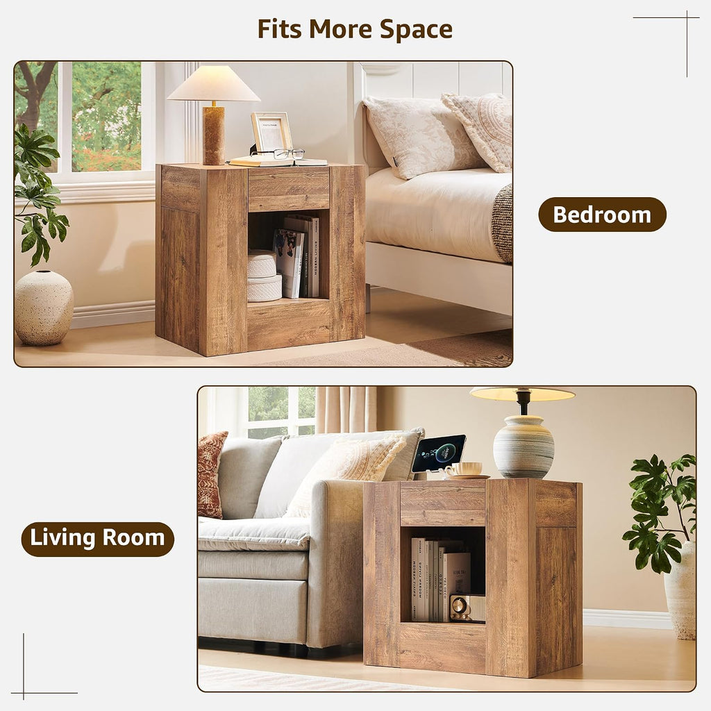 OKD 24" Modern Nightstand Set of 2 w/Drawer/Storage Shelf,Gold Rustic Brown | End Table, Wood Thick Design, Rustic Square Bedside Table w/ Charging Station